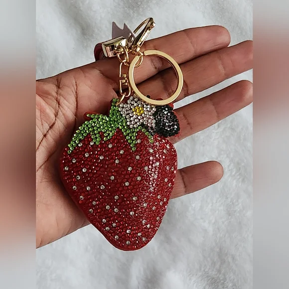 Red Strawberry Rhinestone Keychain Sparkling Bag Charm - Picture 4 of 5